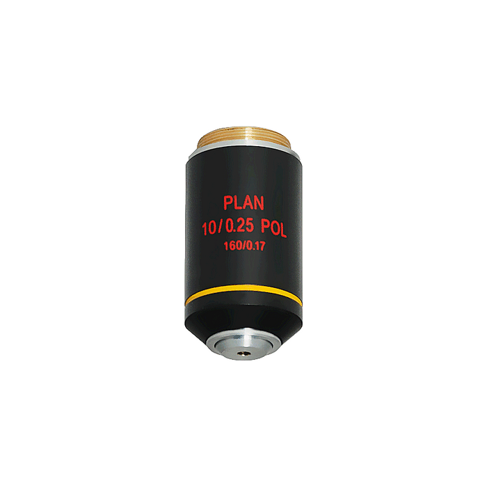 10X Plan Achromatic POL Polarizing Microscope Objective Lens Working Distance 1.5mm with Black Finish, SKU PL05073331, three quarter front view