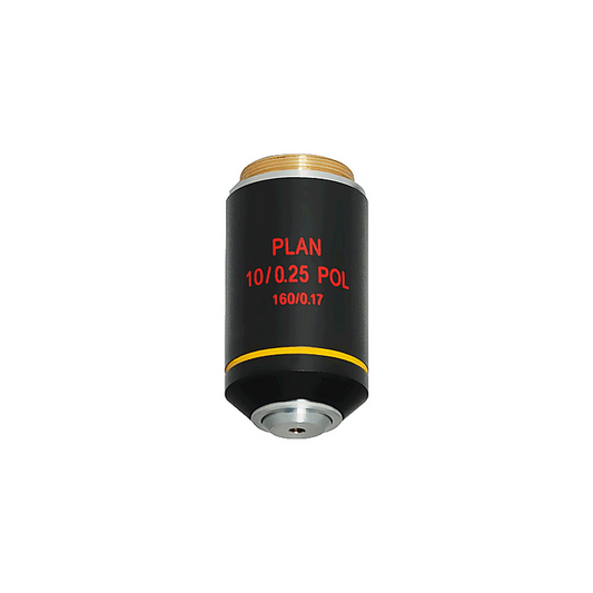 10X Plan Achromatic POL Polarizing Microscope Objective Lens Working Distance 1.5mm with Black Finish, SKU PL05073331, three quarter front view