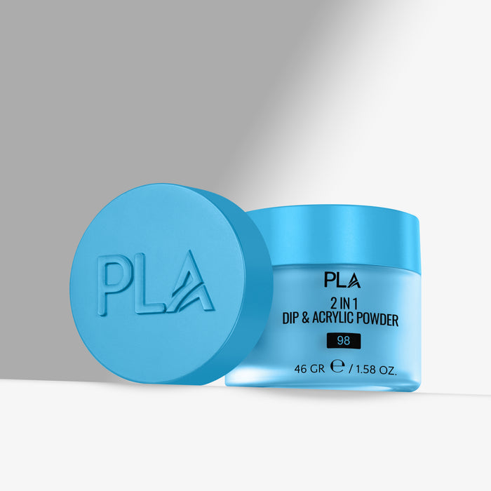 Blue container of PLA 2 in 1 Dip & Acrylic Powder with lid on a gray background