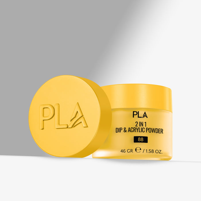 Yellow jar of PLA 2 in 1 Dip & Acrylic Powder with lid on a gray background