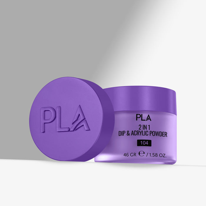 Purple container of PLA 2 in 1 Dip & Acrylic Powder on a gray background
