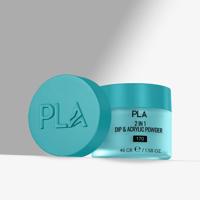 Turquoise container of PLA 2 in 1 Dip & Acrylic Powder with lid on a gray background