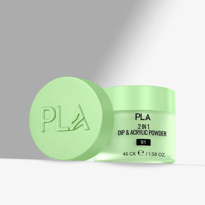 Green container of PLA 2 in 1 Dip & Acrylic Powder on a gray background