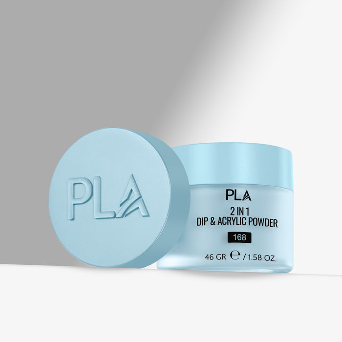 Light blue container of PLA 2 in 1 Dip & Acrylic Powder with lid on a gray background