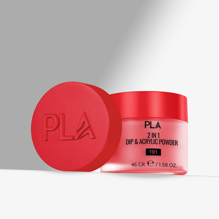 Red jar of PLA 2 in 1 Dip & Acrylic Powder with red lid on a gray background
