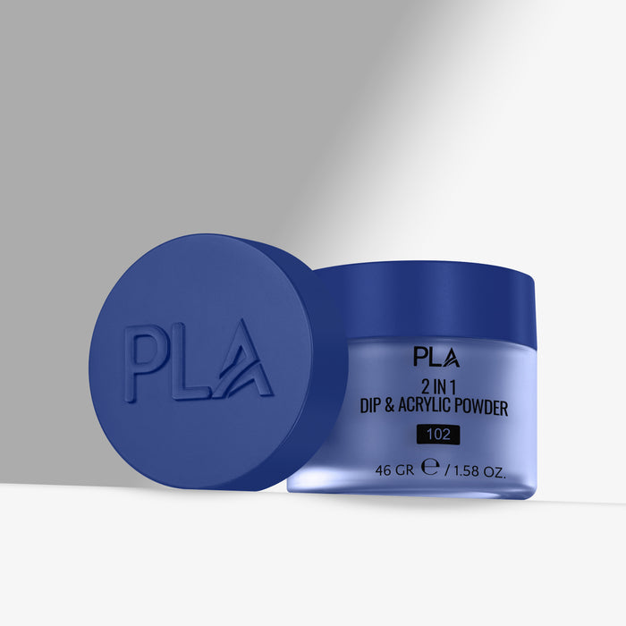 Blue jar of PLA 2 in 1 Dip & Acrylic Powder with blue lid on a gray background