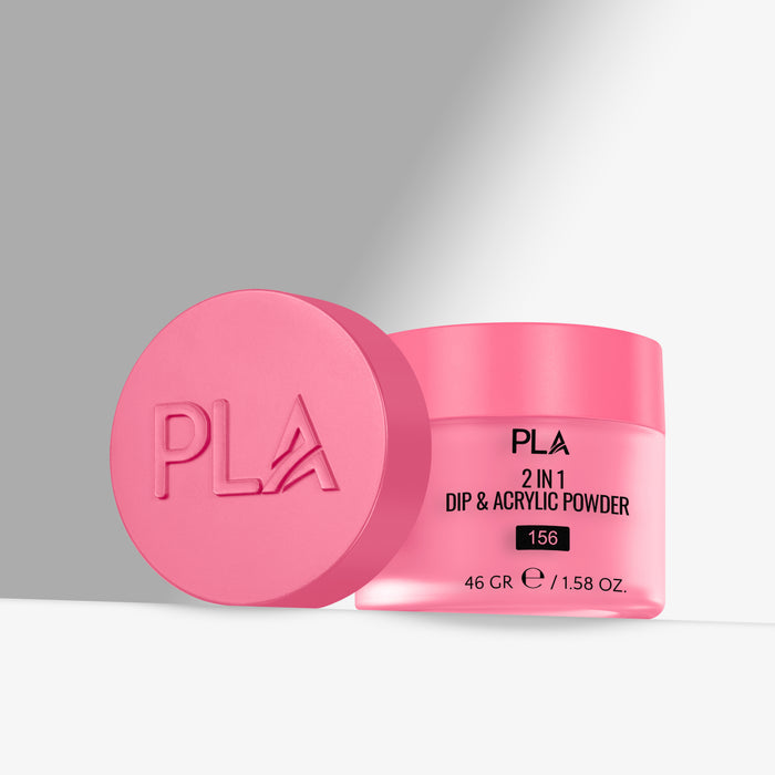 Pink container of PLA 2 in 1 Dip & Acrylic Powder with lid on a gray background