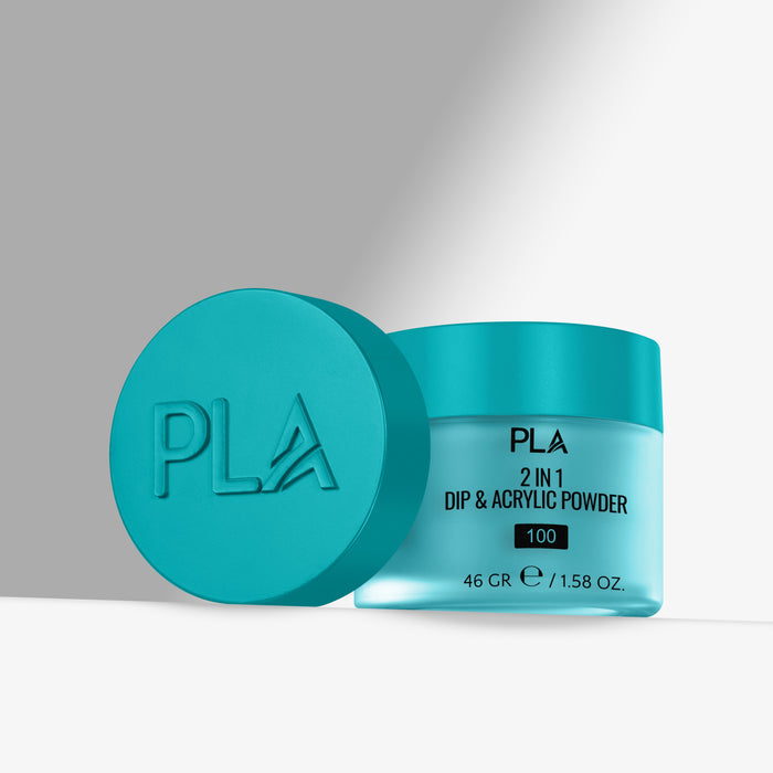 Turquoise container of PLA 2 in 1 Dip & Acrylic Powder with lid on a gray background