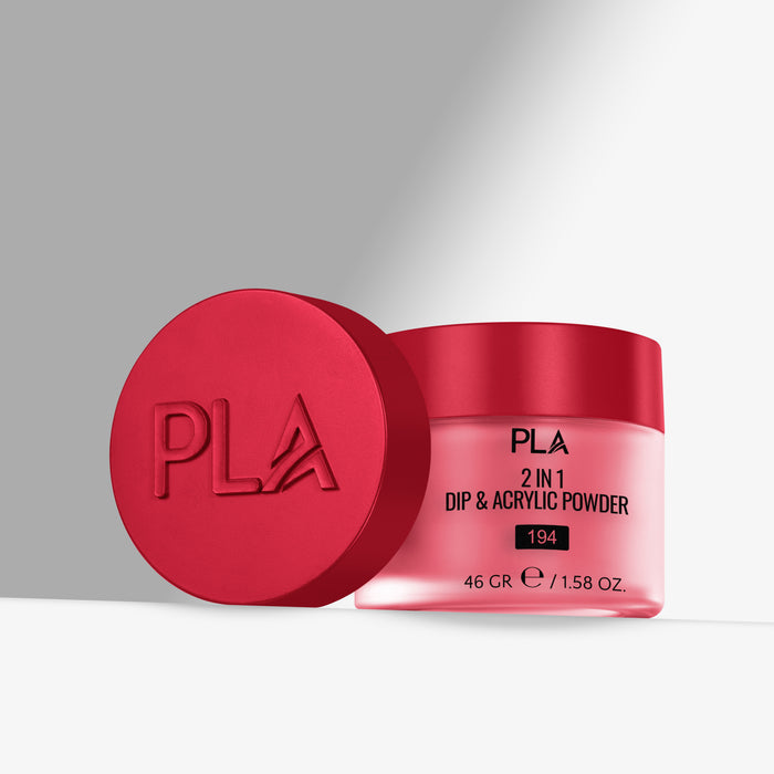 Red container of PLA 2 in 1 Dip & Acrylic Powder with lid on a gray background