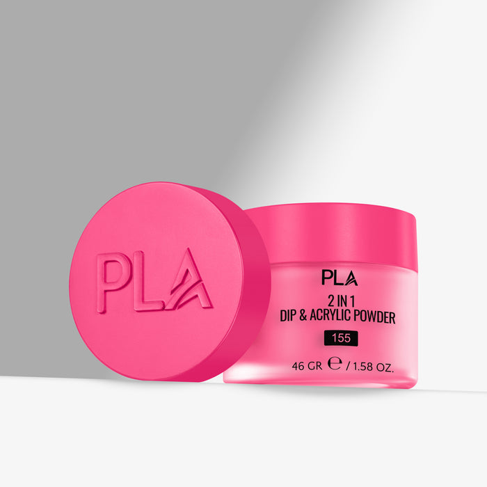 Pink jar of PLA 2 in 1 Dip & Acrylic Powder with pink lid on a gray background