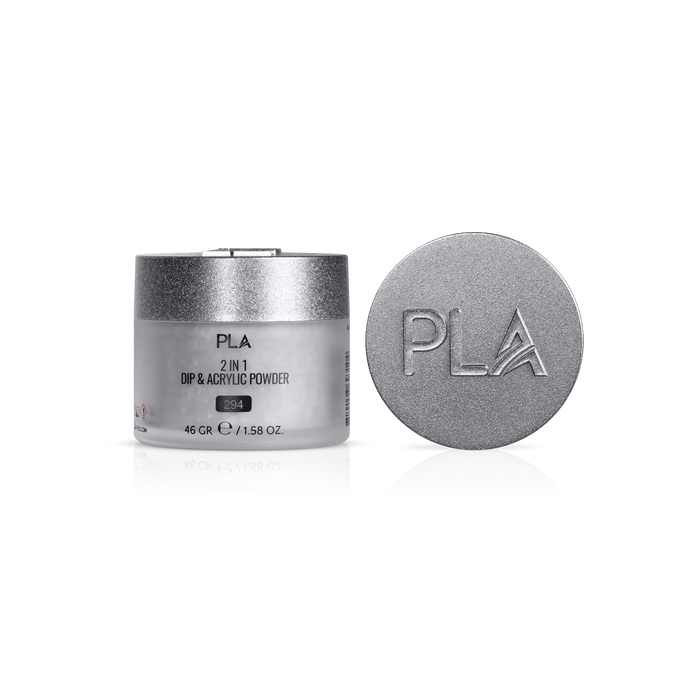 Silver jar of PLA 2-in-1 Dip & Acrylic Powder with a matching round lid on a white background