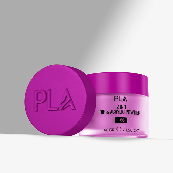 Purple jar of PLA 2 in 1 Dip & Acrylic Powder with a matching purple lid on a gray background