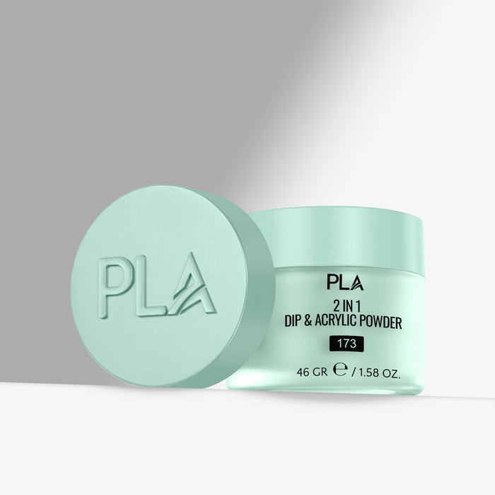 Mint green container of PLA 2-in-1 Dip & Acrylic Powder on a light gray background