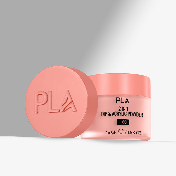 Pink container of PLA 2 in 1 Dip & Acrylic Powder with a matching pink lid on a gray background