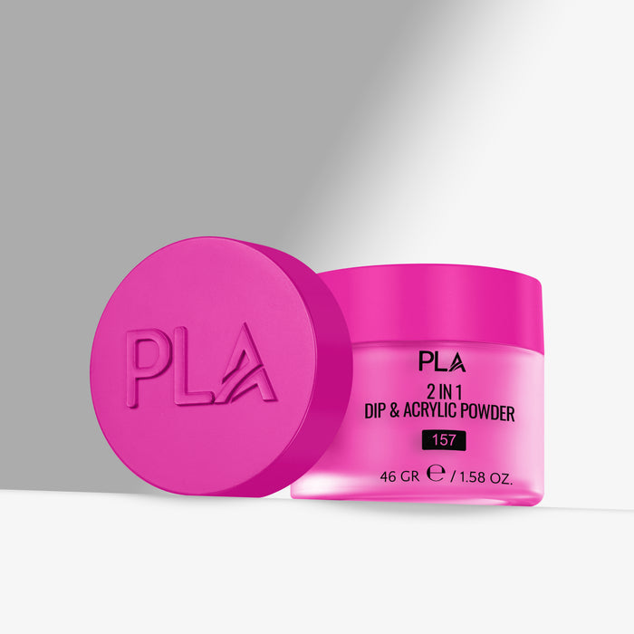Pink jar of PLA 2 in 1 Dip & Acrylic Powder with pink lid on a gray background