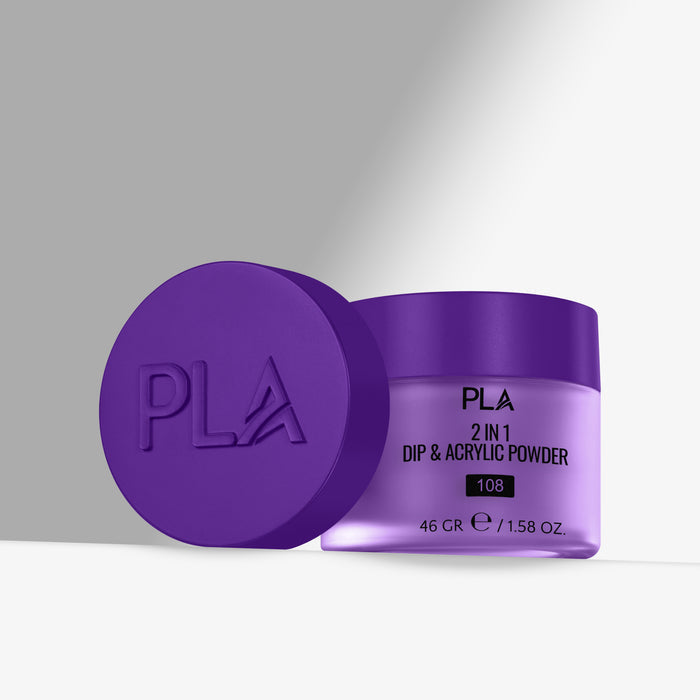 Purple container of PLA 2 in 1 Dip & Acrylic Powder on a gray background