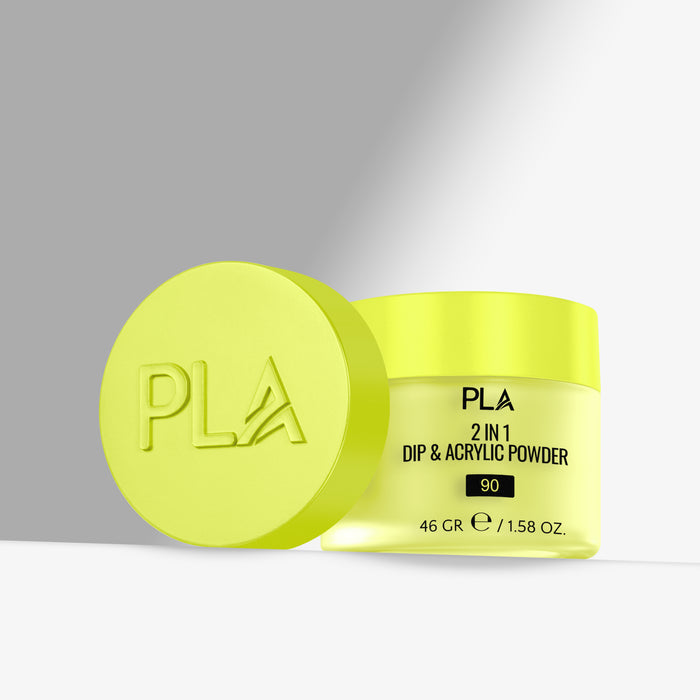 Yellow container of PLA 2 in 1 Dip & Acrylic Powder with lid on a gray background
