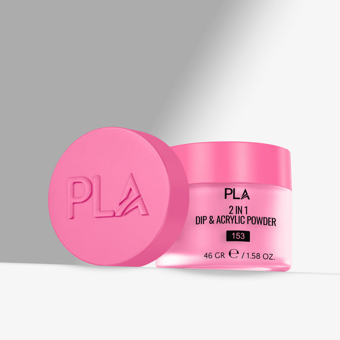 Pink jar of PLA 2 in 1 Dip & Acrylic Powder on a gray background