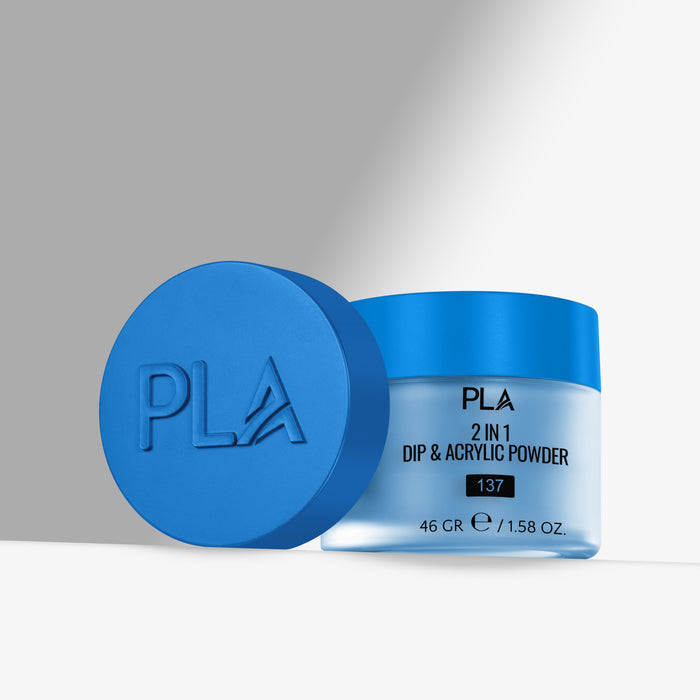 Blue container of PLA 2 in 1 Dip & Acrylic Powder with blue cap on gray background