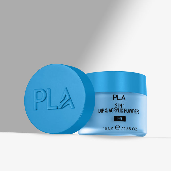 Blue jar of PLA 2 in 1 Dip & Acrylic Powder with blue cap on gray background