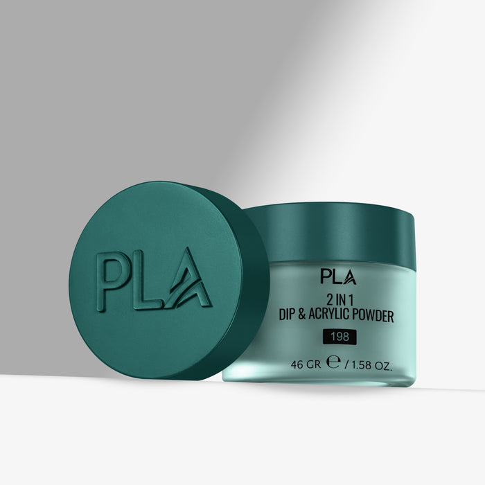 Teal container of PLA 2-in-1 Dip & Acrylic Powder with lid on a gray background