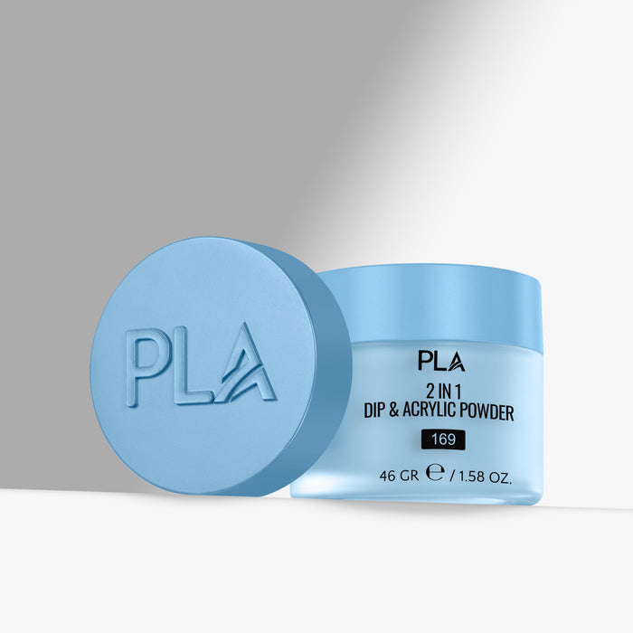 Blue jar of PLA 2 in 1 Dip & Acrylic Powder with lid on a gray background