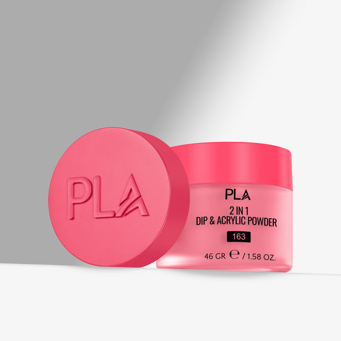 Pink jar of PLA 2 in 1 Dip & Acrylic Powder with pink lid on a gray background