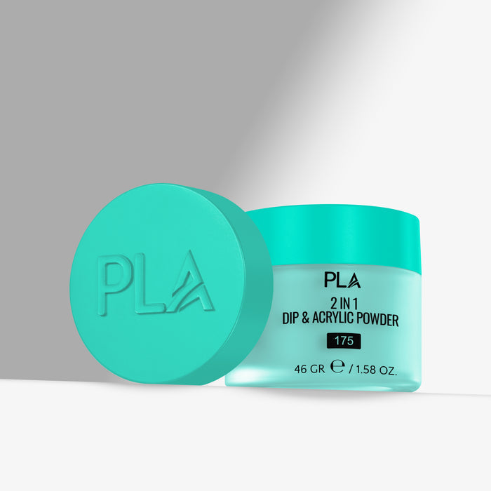 Green container of PLA 2-in-1 Dip & Acrylic Powder with lid on a light gray background