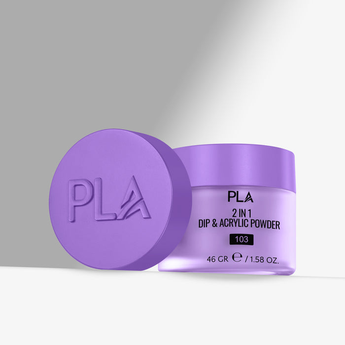 Purple container of PLA 2 in 1 Dip & Acrylic Powder on a gray background