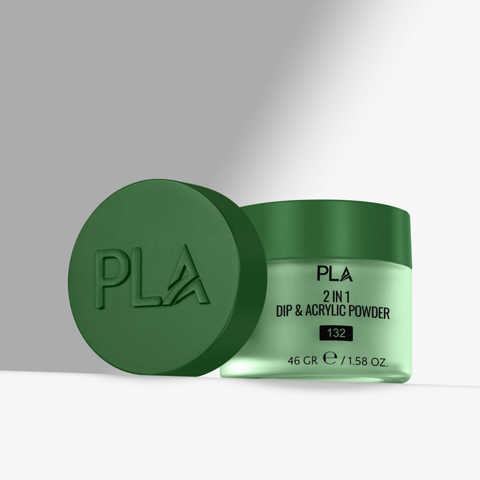 Green jar of PLA 2 in 1 Dip & Acrylic Powder with lid on a gray background