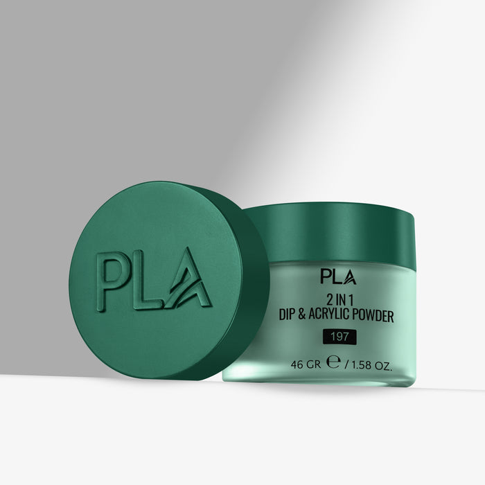 Green jar of PLA 2-in-1 Dip & Acrylic Powder with lid on a gray background