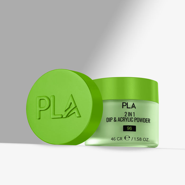 Green jar of PLA 2-in-1 Dip & Acrylic Powder with green lid on a gray background