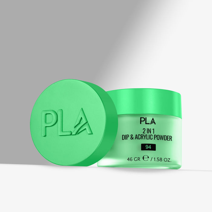 Green jar of PLA 2-in-1 Dip & Acrylic Powder with green lid on a gray background