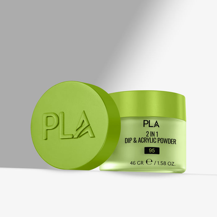 Green jar of PLA 2 in 1 Dip & Acrylic Powder with lid on a gray background