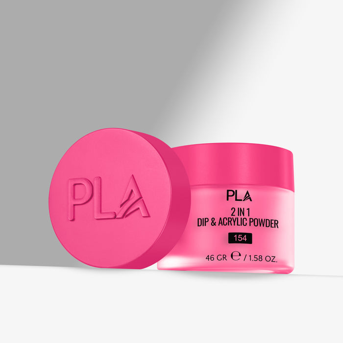 Pink jar of PLA 2 in 1 Dip & Acrylic Powder with pink lid on a gray background