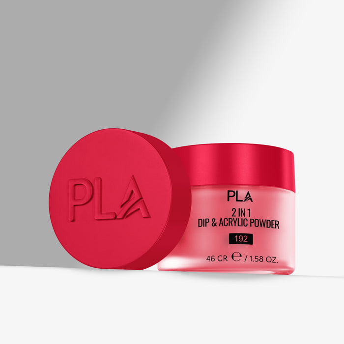 Red jar of PLA 2 in 1 Dip & Acrylic Powder with a matching red lid on a gray background