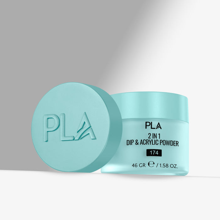 Light blue container of PLA 2 in 1 Dip & Acrylic Powder on a gray background