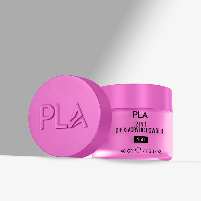 Pink jar of PLA 2 in 1 Dip & Acrylic Powder with lid on a gray background