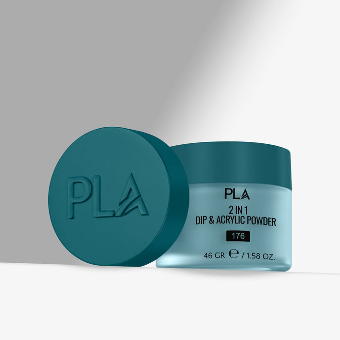 Teal container of PLA 2 in 1 Dip & Acrylic Powder with lid on a gray background