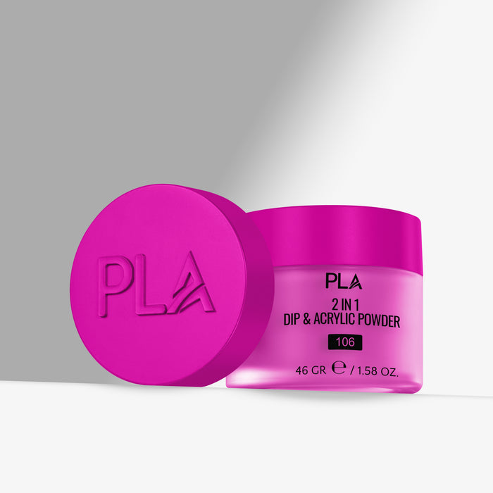 Pink jar of PLA 2 in 1 Dip & Acrylic Powder on a gray background