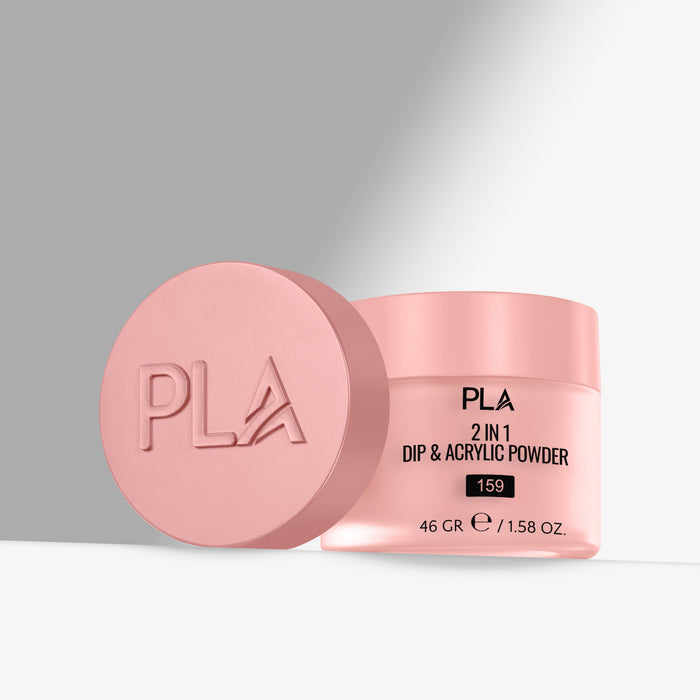 Pink container of PLA 2-in-1 Dip & Acrylic Powder on a gray background