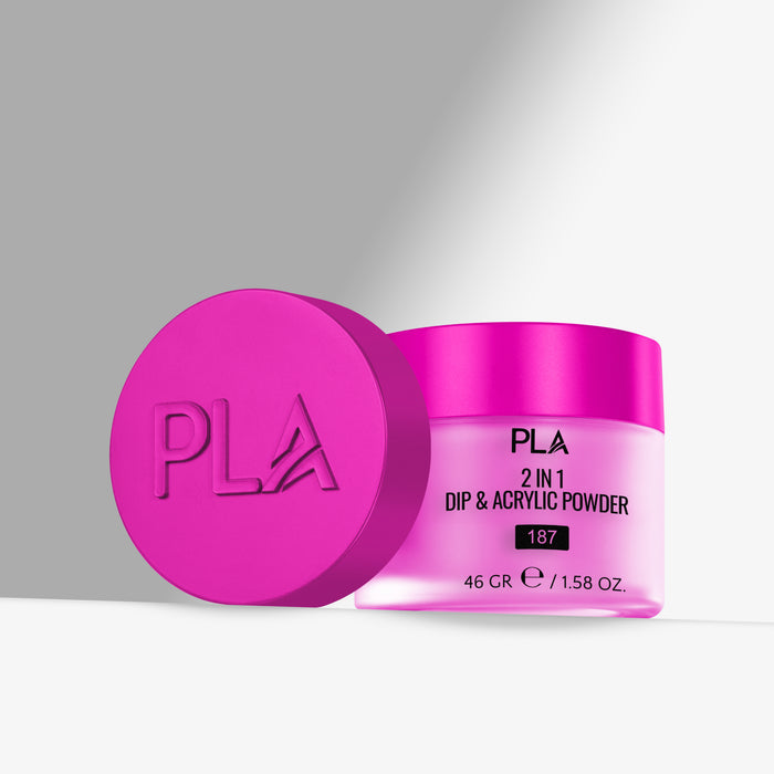 Pink jar of PLA 2 in 1 Dip & Acrylic Powder with pink cap on a gray background