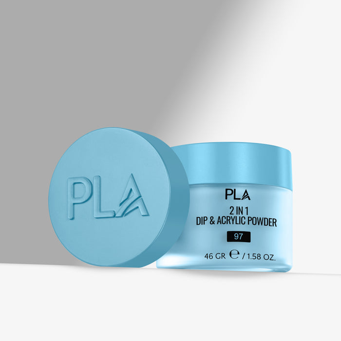 Blue jar of PLA 2-in-1 Dip & Acrylic Powder with lid on a gray background