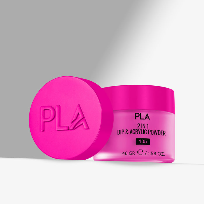 Pink jar of PLA 2 in 1 Dip & Acrylic Powder with pink lid on a gray background