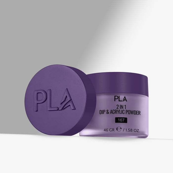 Purple container of PLA 2 in 1 Dip & Acrylic Powder with lid on a gray background