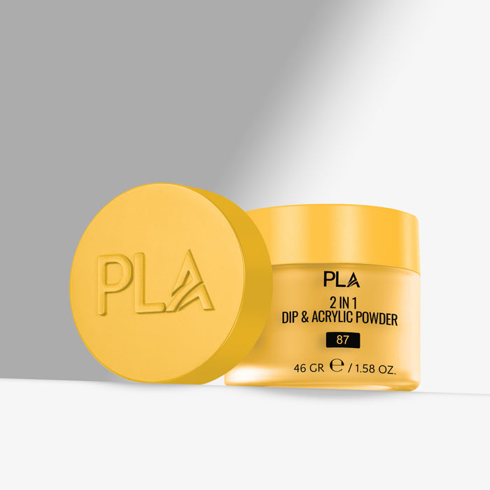 Yellow jar of PLA 2 in 1 Dip & Acrylic Powder with lid on a gray background