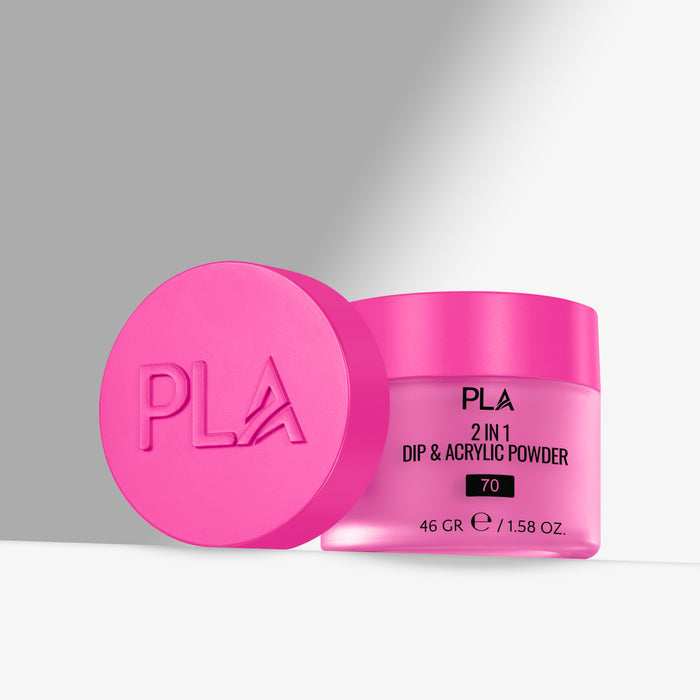 Pink jar of PLA 2 in 1 Dip & Acrylic Powder with pink lid on a gray background
