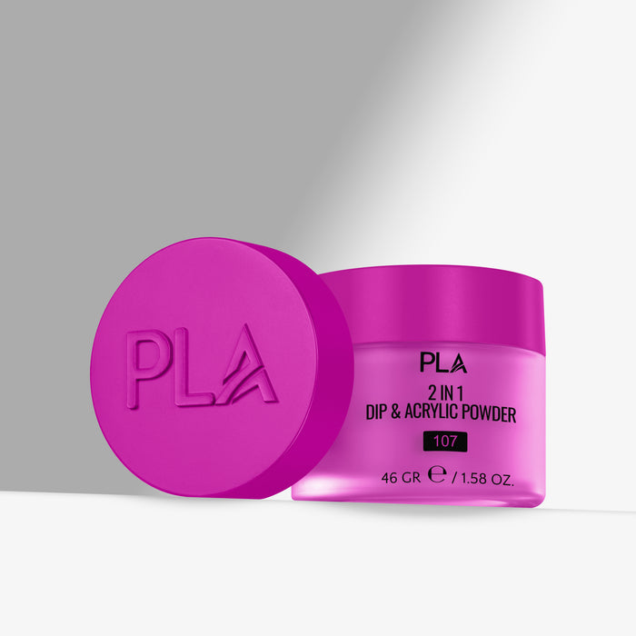 Pink jar of PLA 2 in 1 Dip & Acrylic Powder with pink lid on a gray background