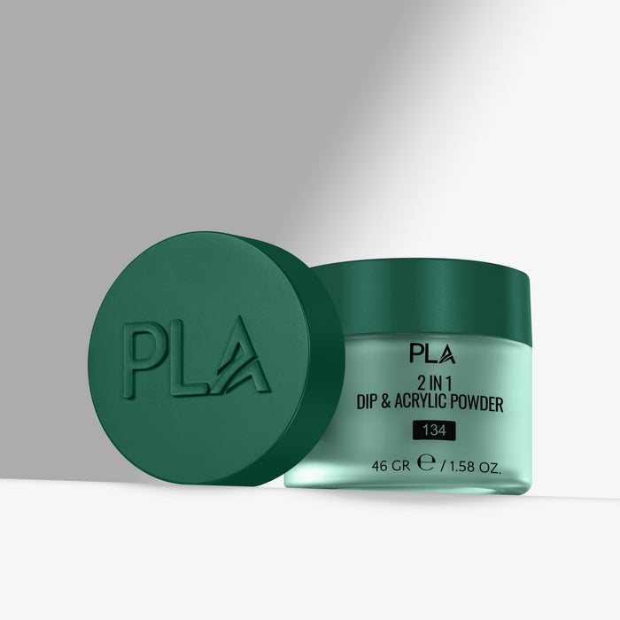 Green jar of PLA 2 in 1 Dip & Acrylic Powder with lid on a gray background