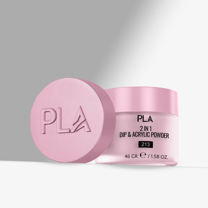 Pink jar of PLA 2-in-1 Dip & Acrylic Powder on a gray background